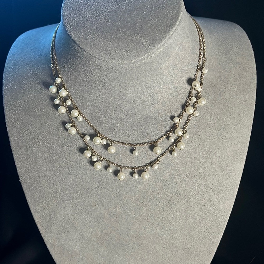 Delicate faux pearl double strand fringe necklace